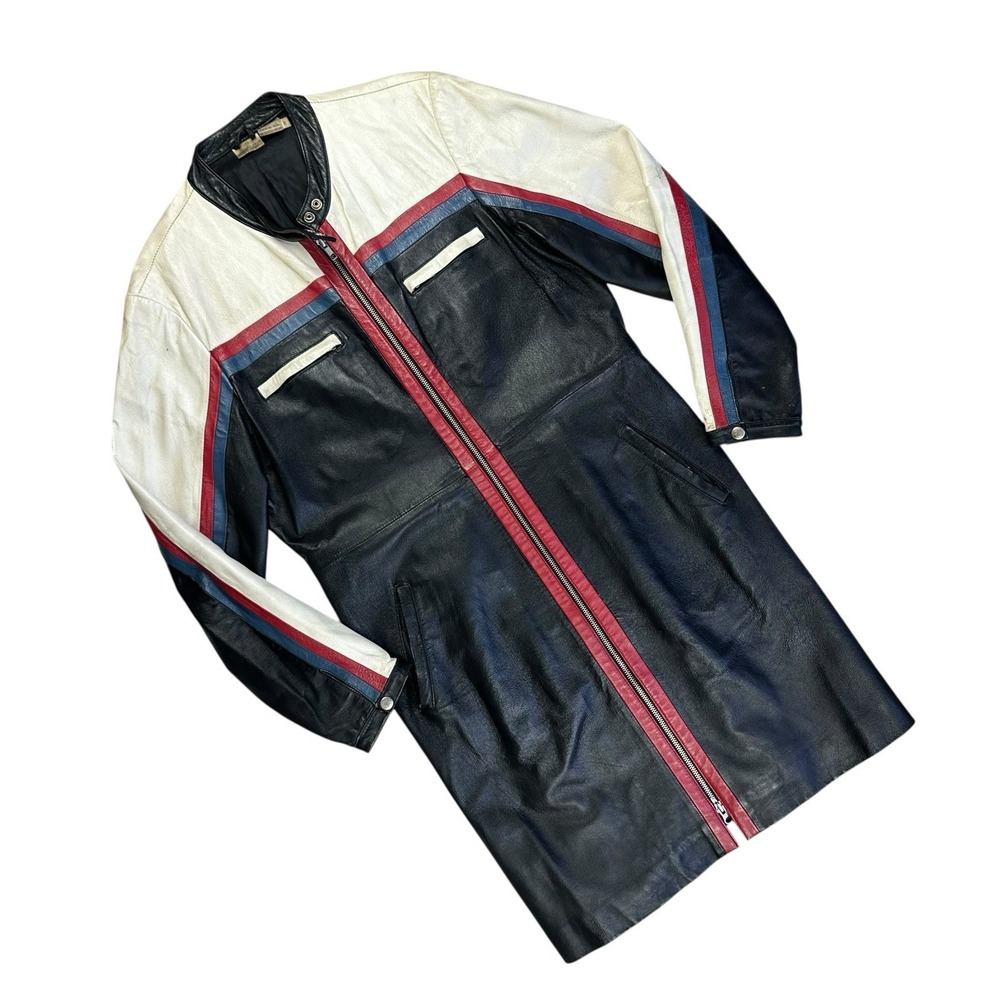 Rare Vtg Striped Moto Cafe Racer Long Leather Trench Coat Women 16 Black Biker